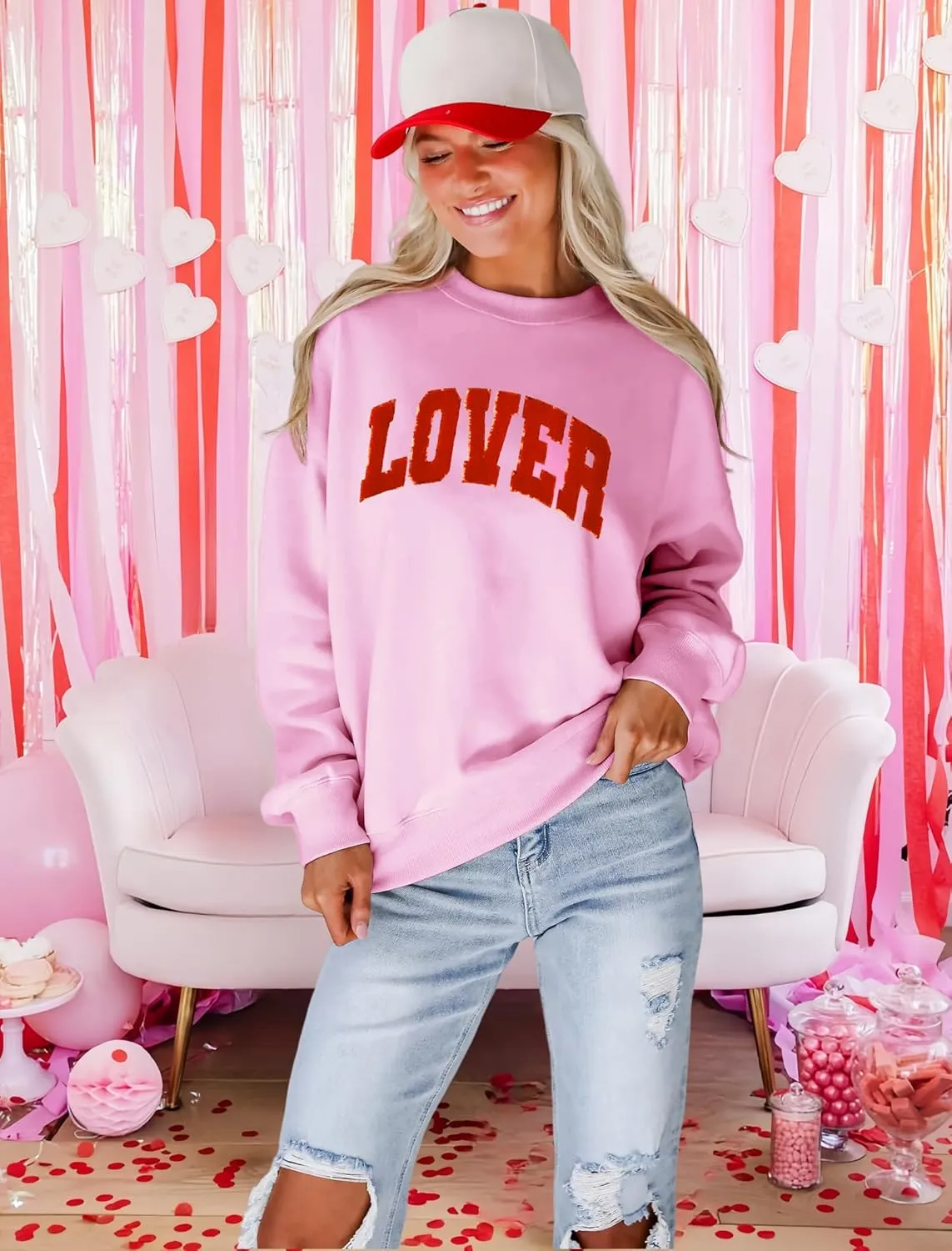 MAPICK Valentine Sweatshirts for Women Lover Glitter Patch Pullover Sweaters Long Sleeve Oversized Tops
