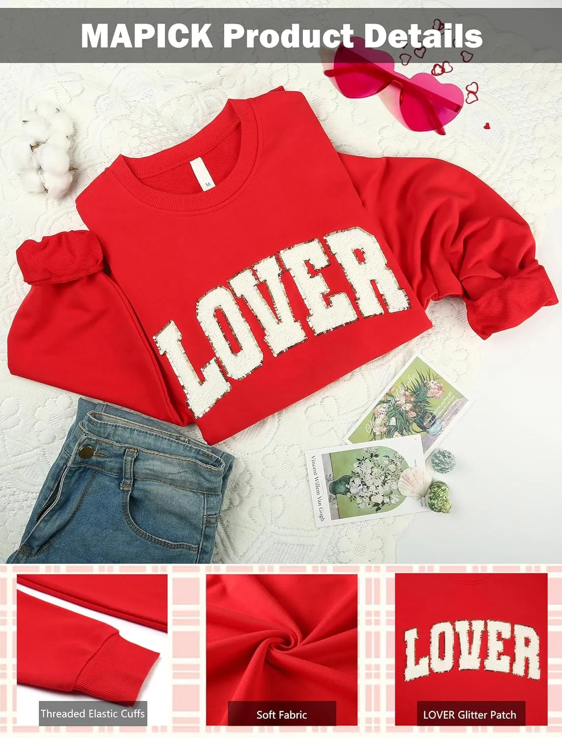 MAPICK Valentine Sweatshirts for Women Lover Glitter Patch Pullover Sweaters Long Sleeve Oversized Tops