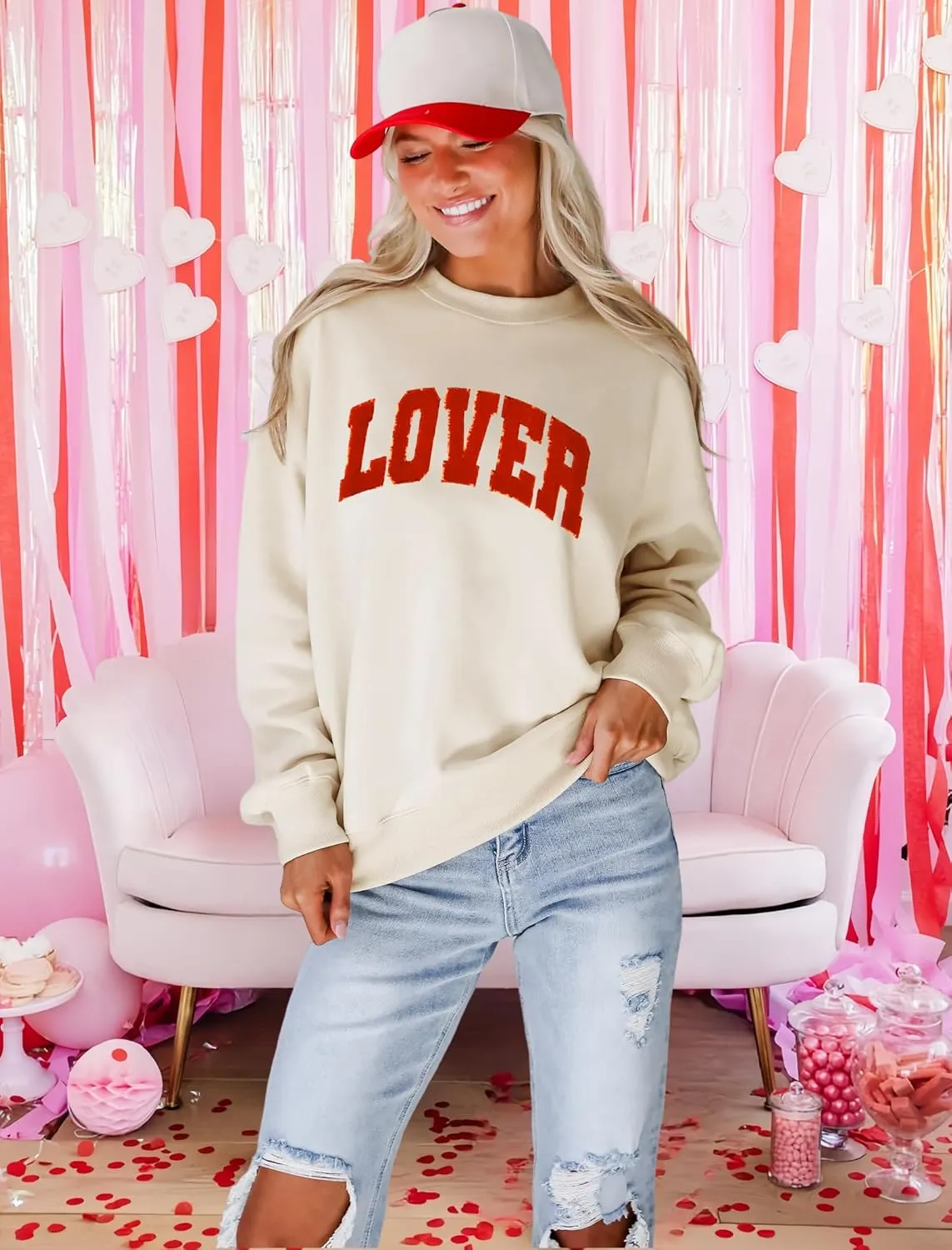 MAPICK Valentine Sweatshirts for Women Lover Glitter Patch Pullover Sweaters Long Sleeve Oversized Tops