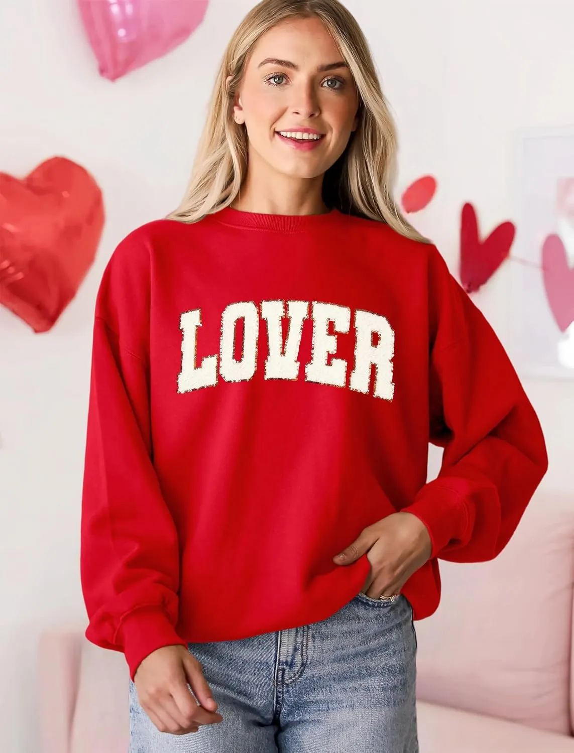 MAPICK Valentine Sweatshirts for Women Lover Glitter Patch Pullover Sweaters Long Sleeve Oversized Tops