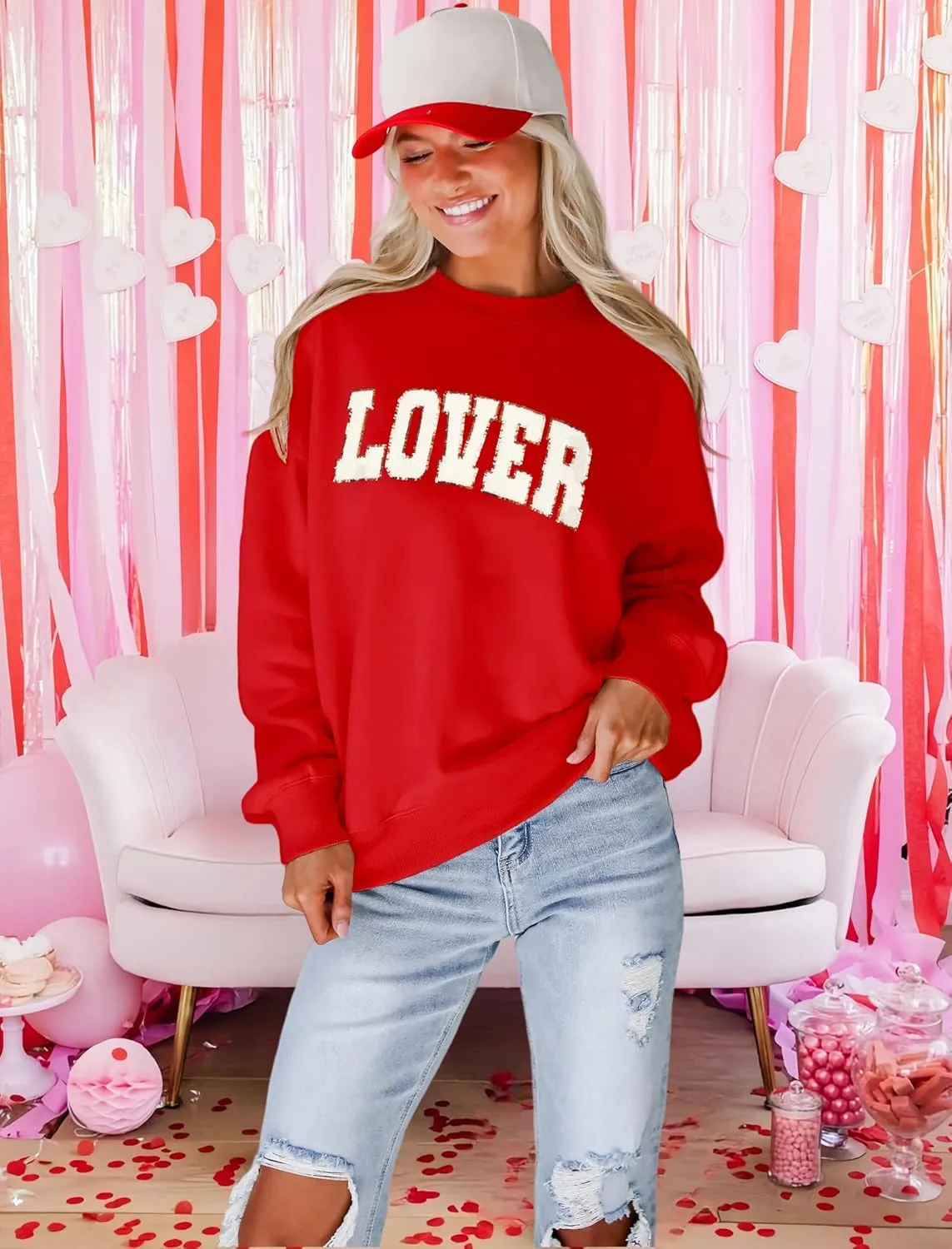 MAPICK Valentine Sweatshirts for Women Lover Glitter Patch Pullover Sweaters Long Sleeve Oversized Tops