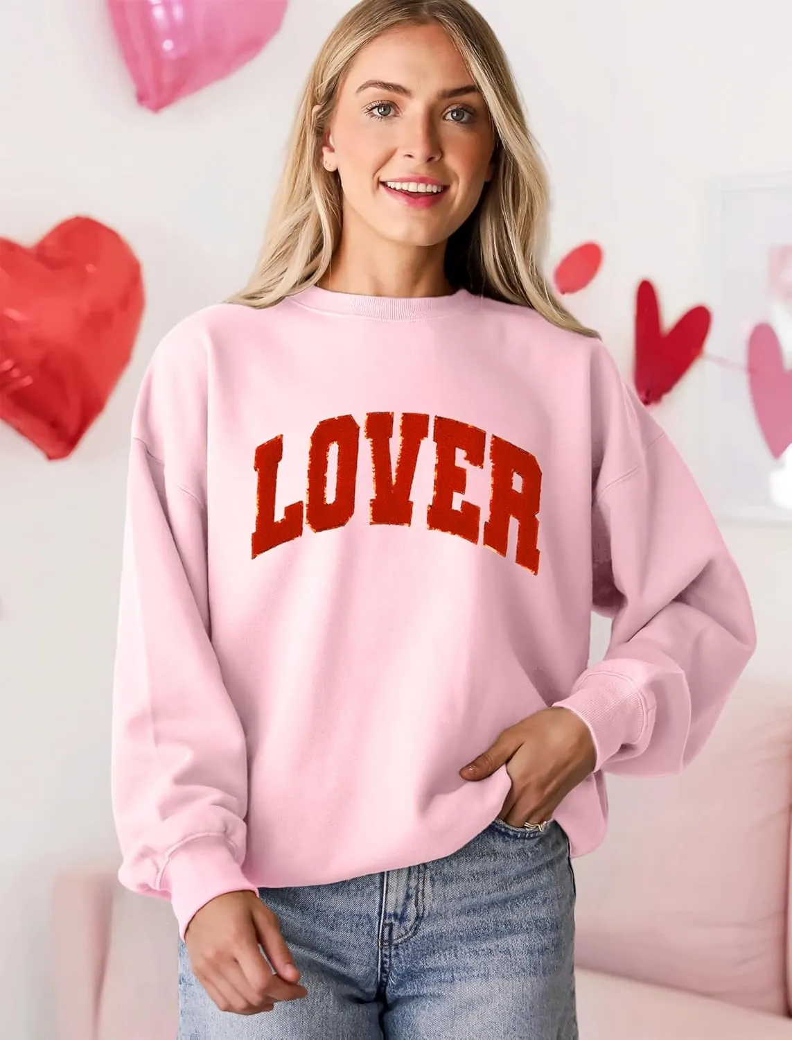 MAPICK Valentine Sweatshirts for Women Lover Glitter Patch Pullover Sweaters Long Sleeve Oversized Tops