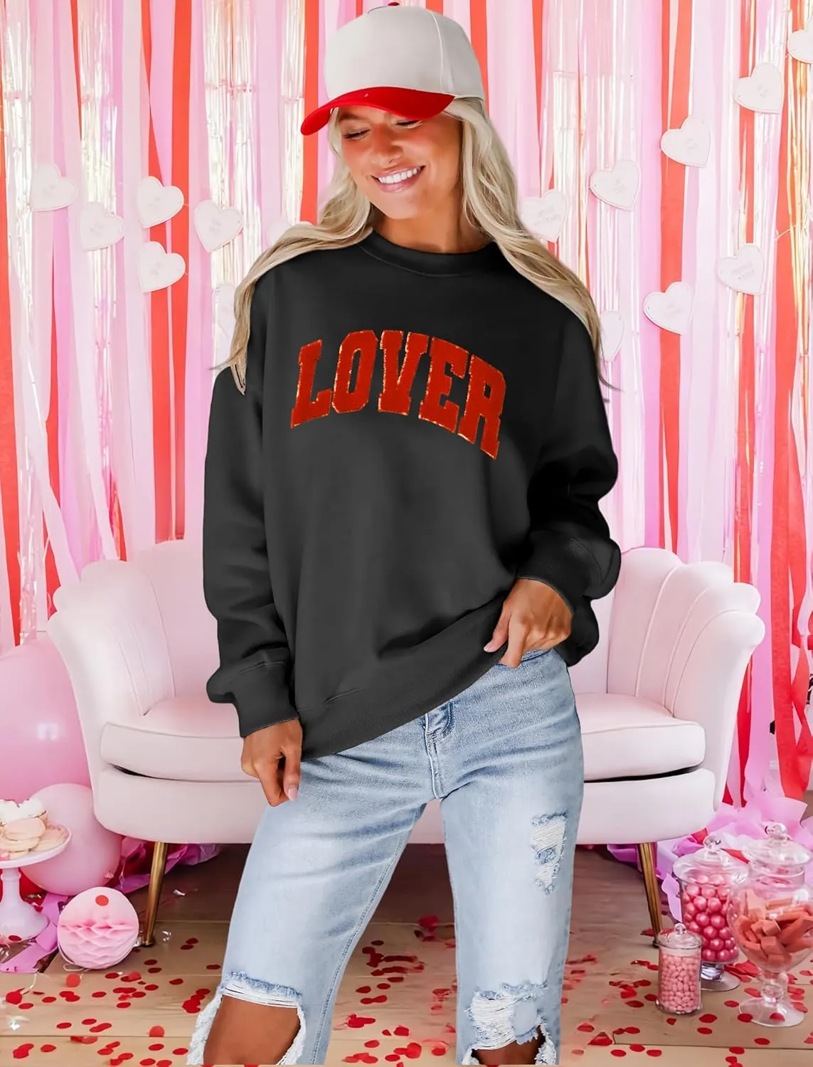 MAPICK Valentine Sweatshirts for Women Lover Glitter Patch Pullover Sweaters Long Sleeve Oversized Tops