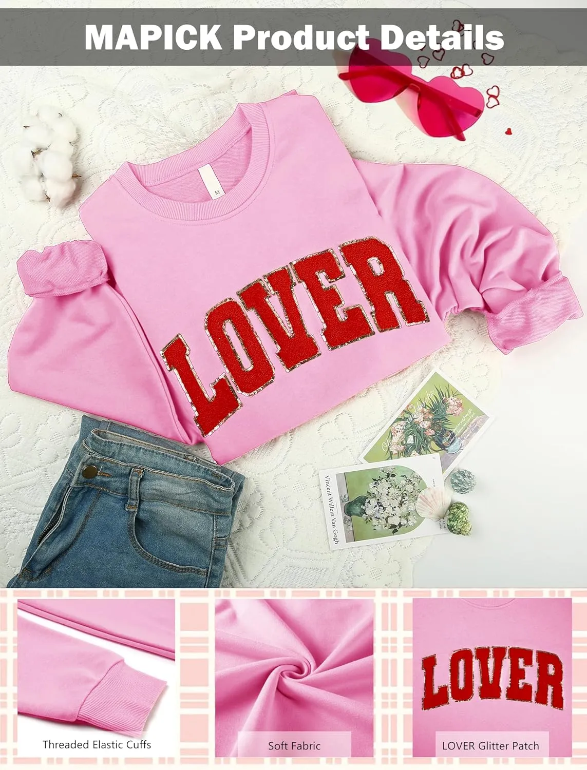 MAPICK Valentine Sweatshirts for Women Lover Glitter Patch Pullover Sweaters Long Sleeve Oversized Tops