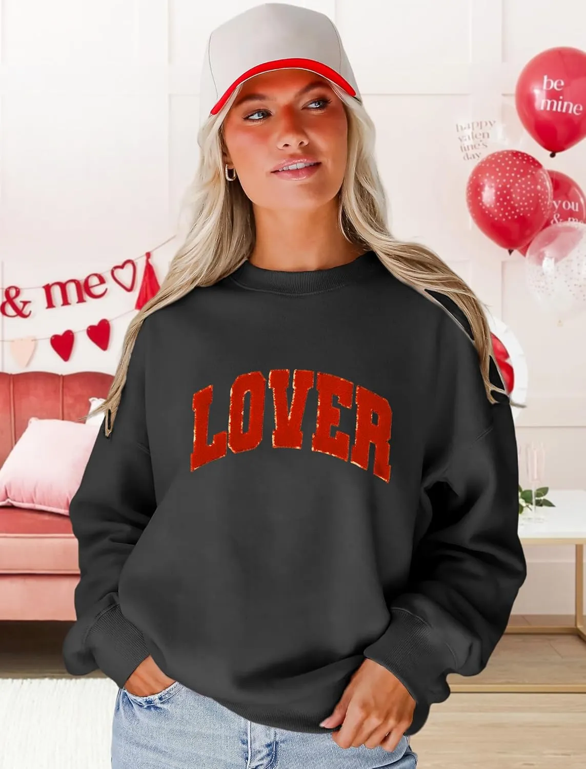 MAPICK Valentine Sweatshirts for Women Lover Glitter Patch Pullover Sweaters Long Sleeve Oversized Tops