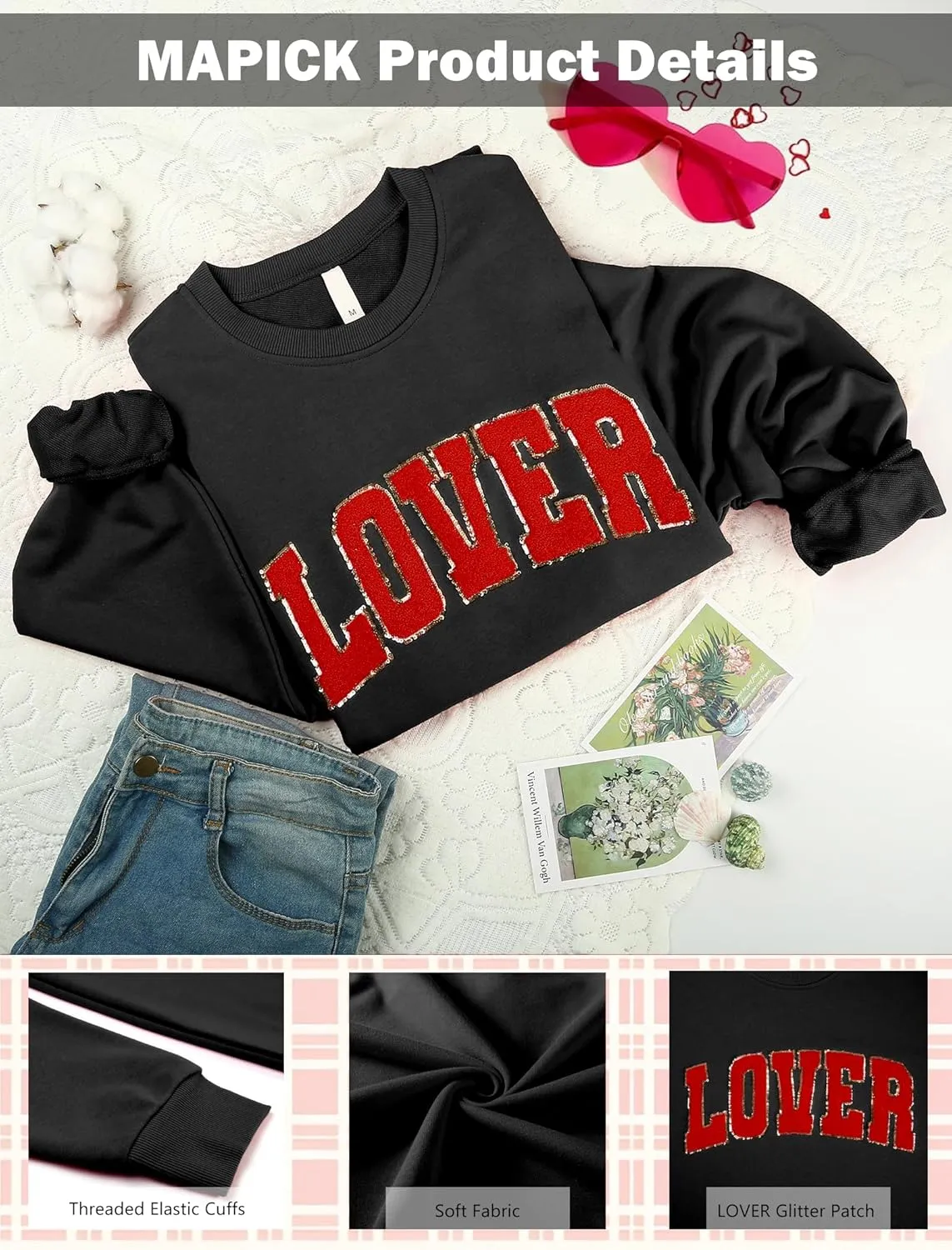 MAPICK Valentine Sweatshirts for Women Lover Glitter Patch Pullover Sweaters Long Sleeve Oversized Tops