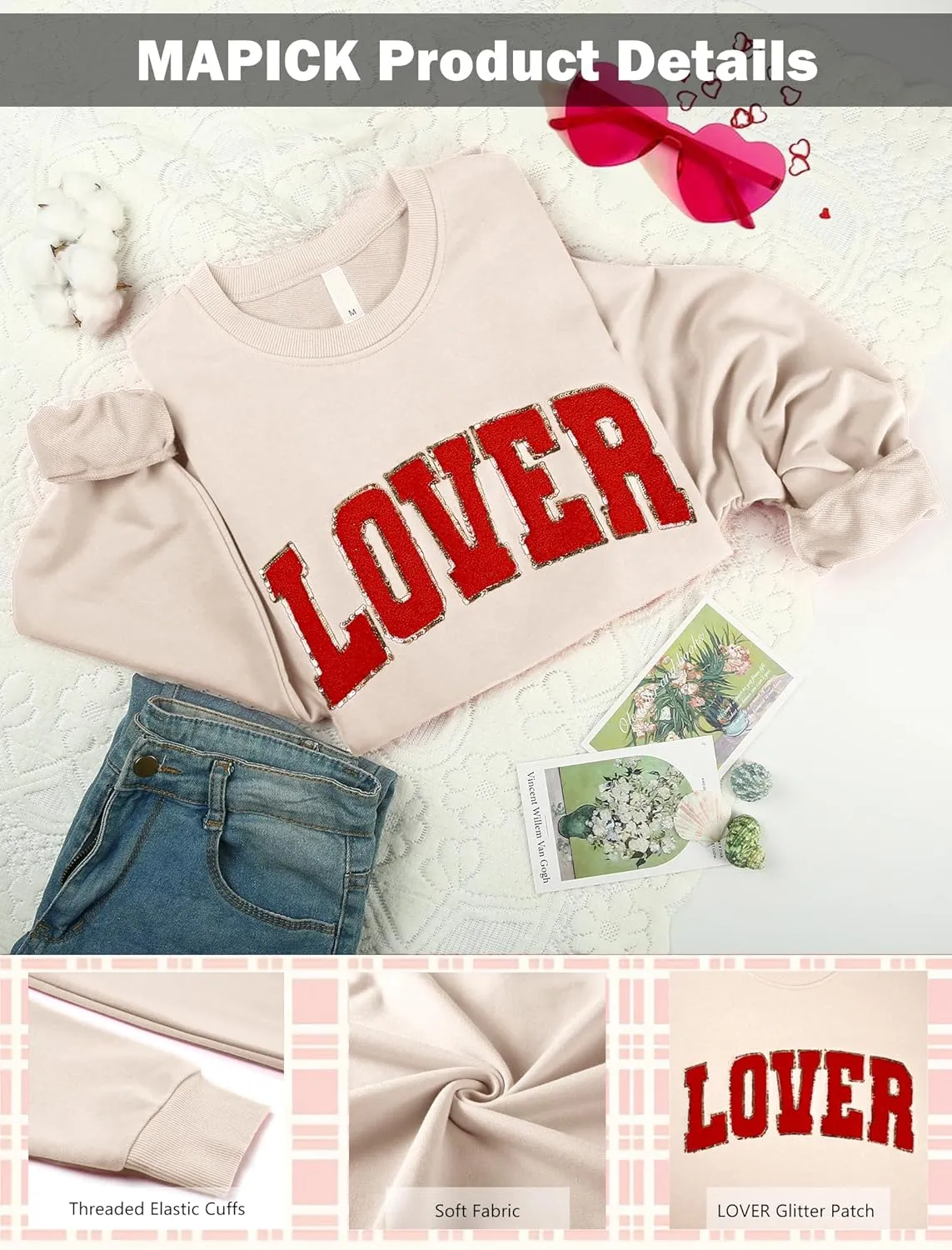 MAPICK Valentine Sweatshirts for Women Lover Glitter Patch Pullover Sweaters Long Sleeve Oversized Tops