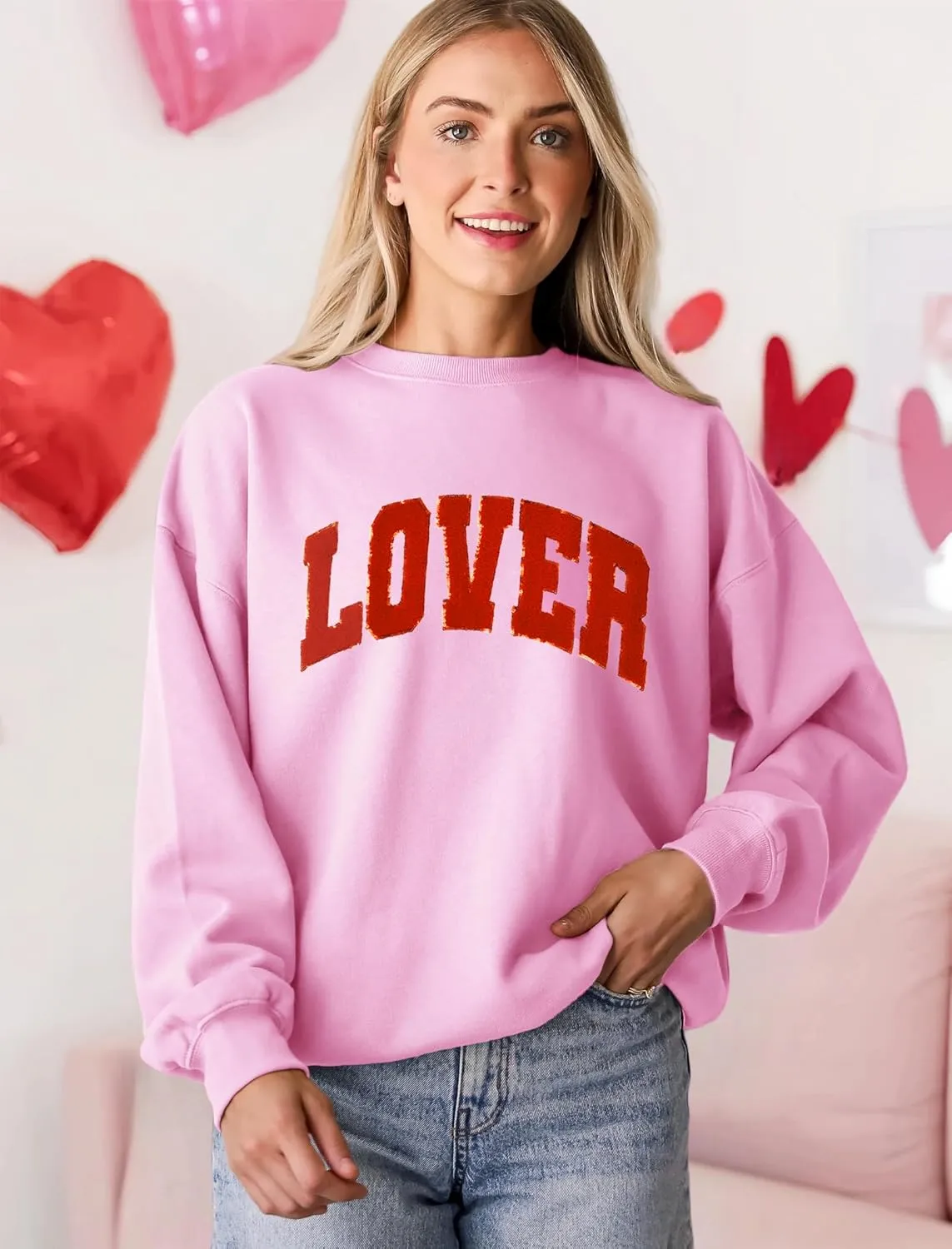 MAPICK Valentine Sweatshirts for Women Lover Glitter Patch Pullover Sweaters Long Sleeve Oversized Tops