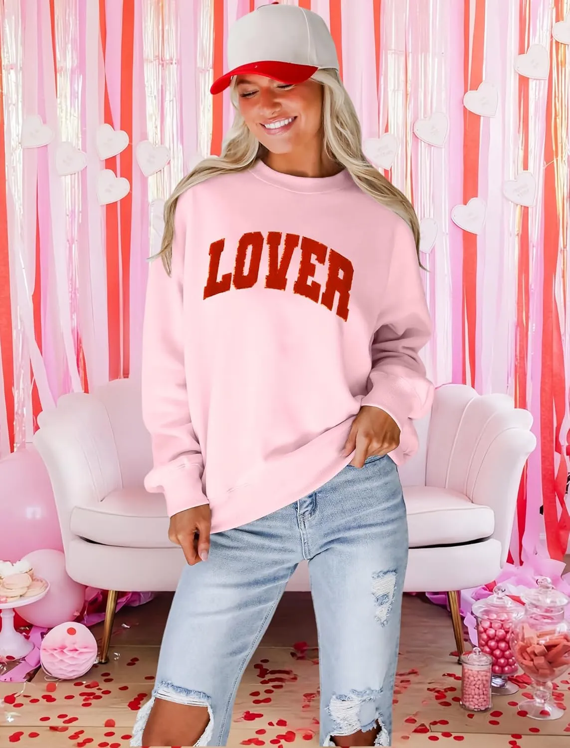 MAPICK Valentine Sweatshirts for Women Lover Glitter Patch Pullover Sweaters Long Sleeve Oversized Tops