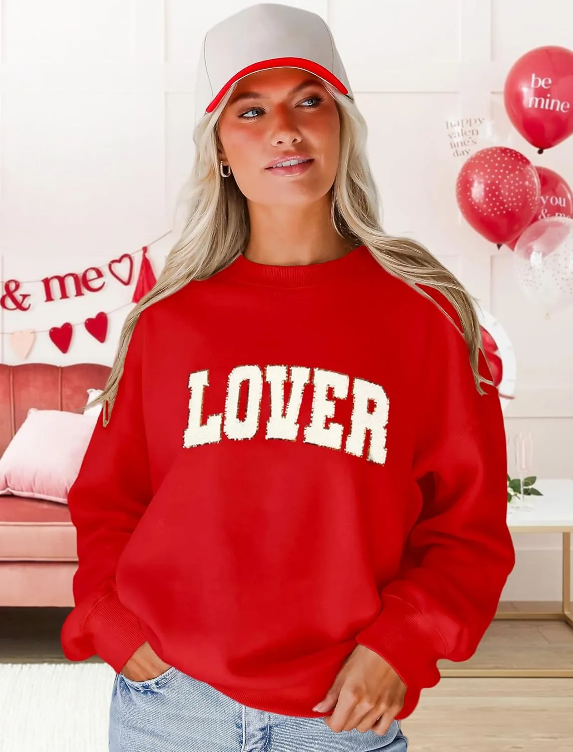 MAPICK Valentine Sweatshirts for Women Lover Glitter Patch Pullover Sweaters Long Sleeve Oversized Tops