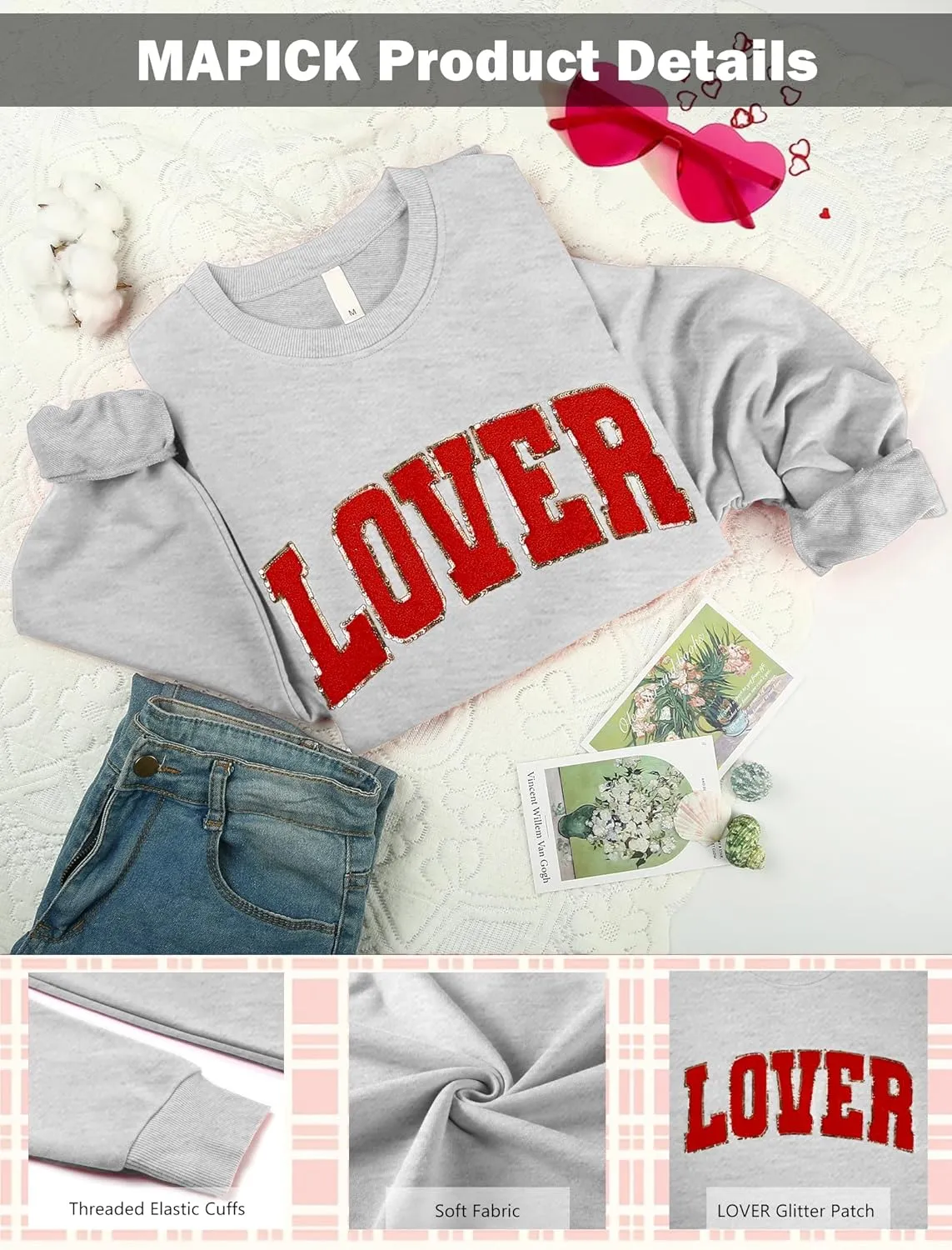 MAPICK Valentine Sweatshirts for Women Lover Glitter Patch Pullover Sweaters Long Sleeve Oversized Tops