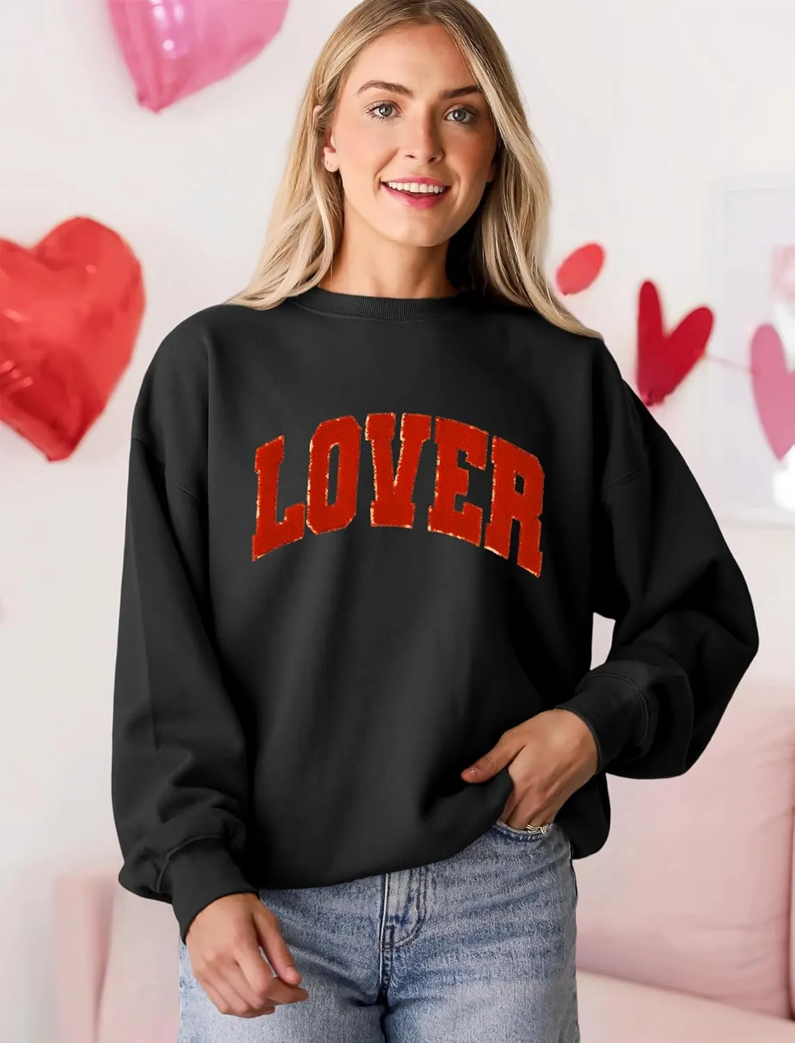 MAPICK Valentine Sweatshirts for Women Lover Glitter Patch Pullover Sweaters Long Sleeve Oversized Tops