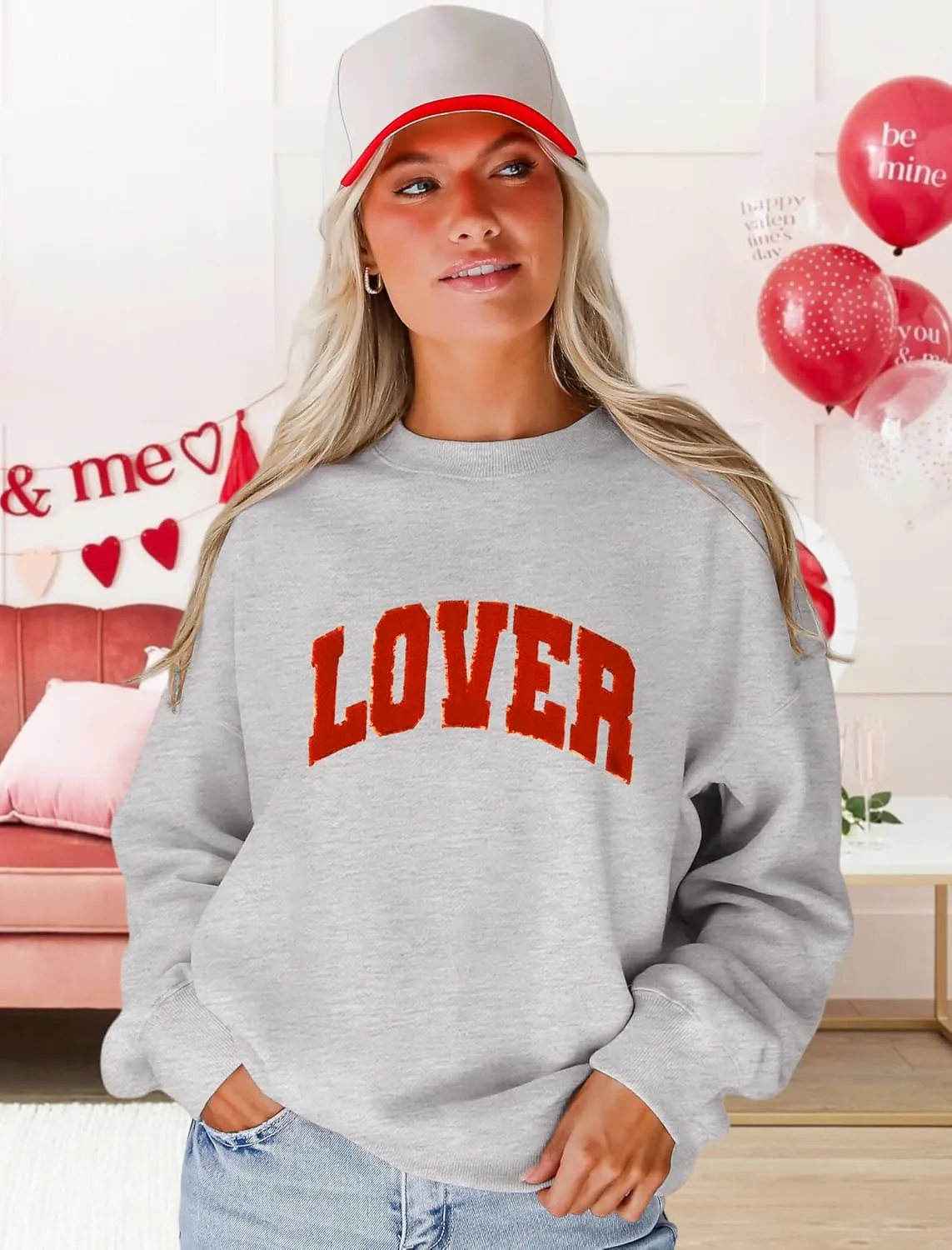 MAPICK Valentine Sweatshirts for Women Lover Glitter Patch Pullover Sweaters Long Sleeve Oversized Tops
