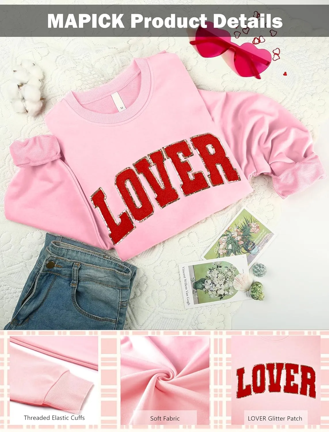 MAPICK Valentine Sweatshirts for Women Lover Glitter Patch Pullover Sweaters Long Sleeve Oversized Tops