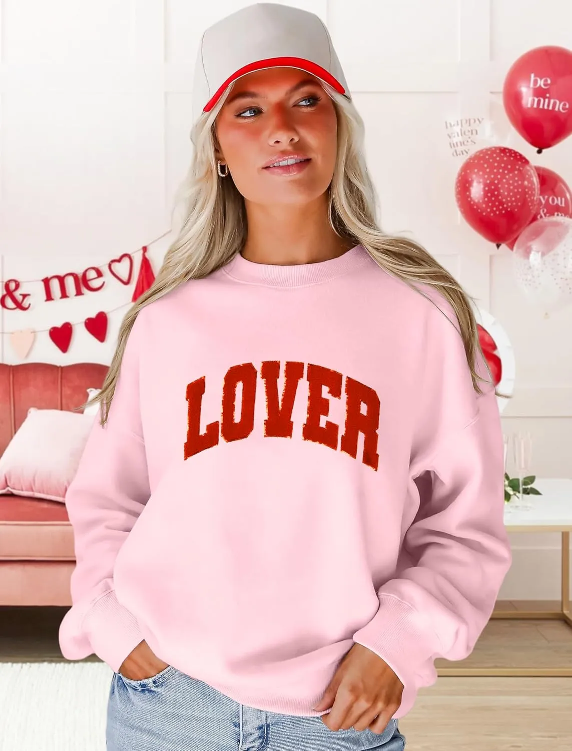 MAPICK Valentine Sweatshirts for Women Lover Glitter Patch Pullover Sweaters Long Sleeve Oversized Tops