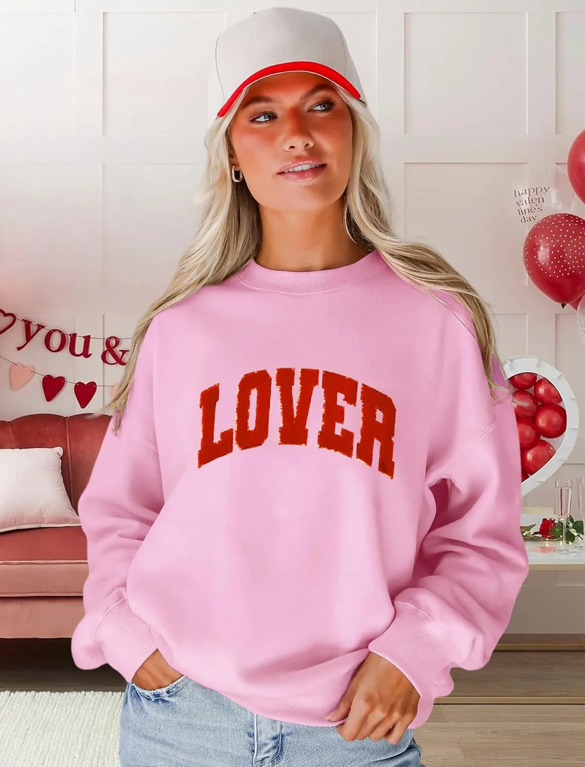 MAPICK Valentine Sweatshirts for Women Lover Glitter Patch Pullover Sweaters Long Sleeve Oversized Tops