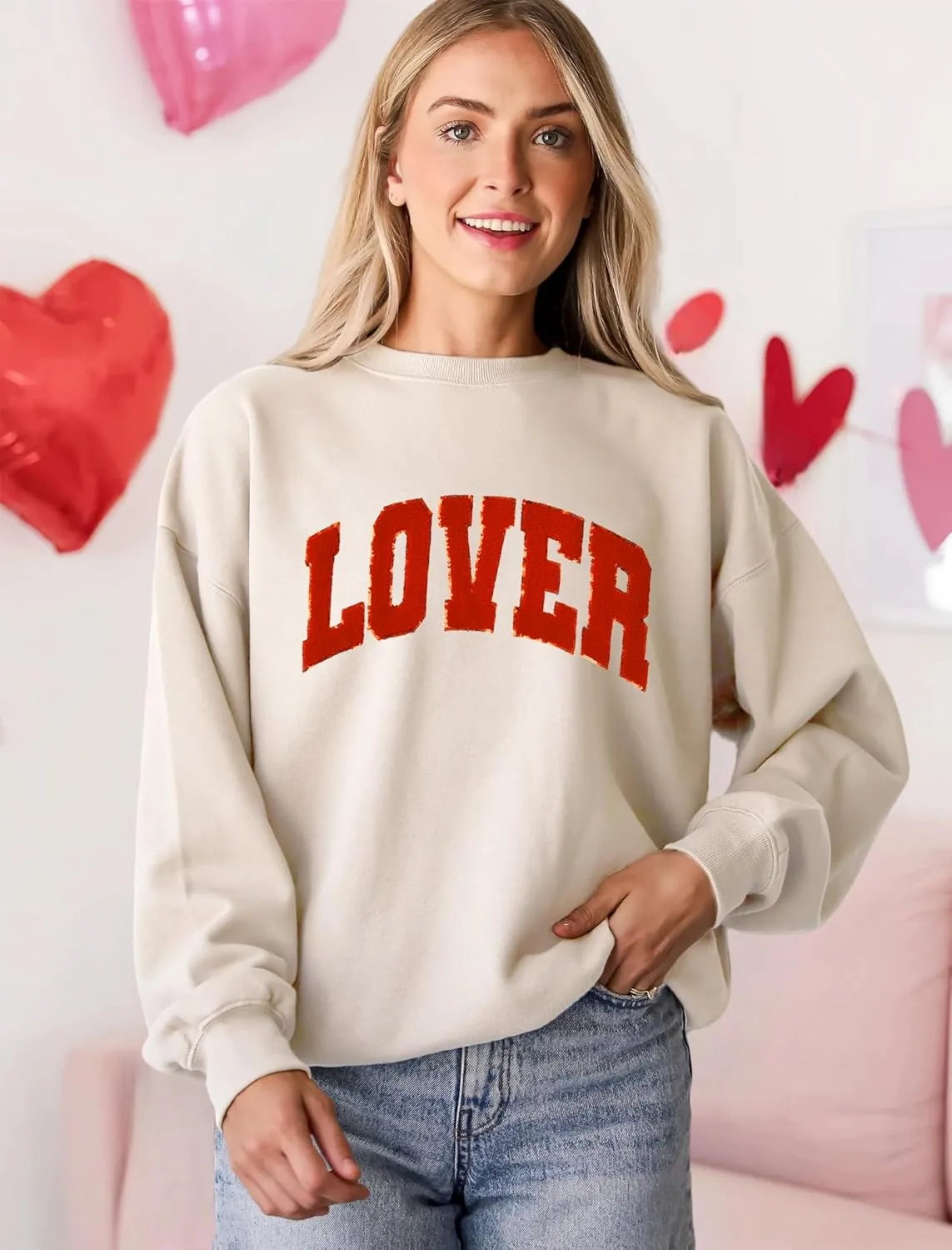 MAPICK Valentine Sweatshirts for Women Lover Glitter Patch Pullover Sweaters Long Sleeve Oversized Tops