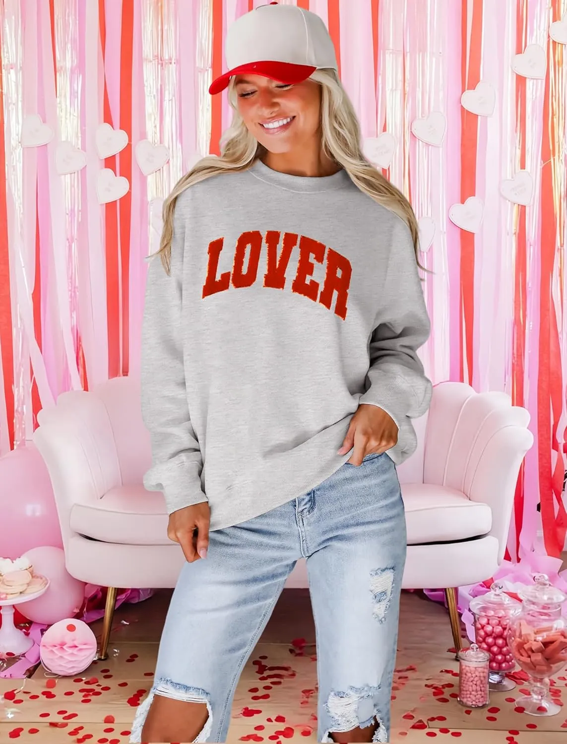 MAPICK Valentine Sweatshirts for Women Lover Glitter Patch Pullover Sweaters Long Sleeve Oversized Tops