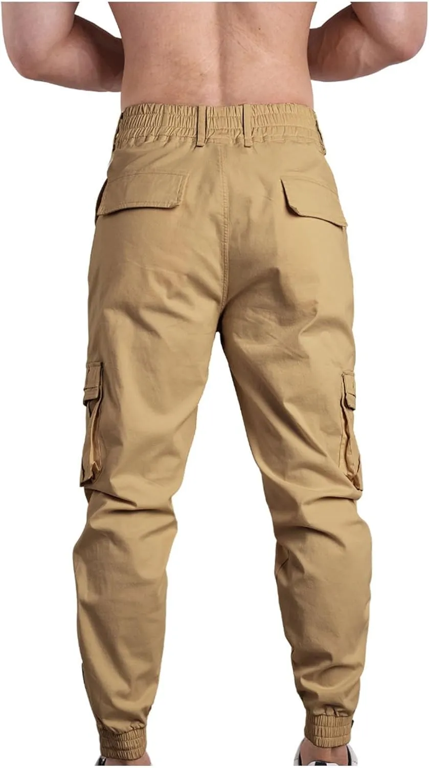 Men Cargo Pants Elastic Waist Cotton Casual Pants Slim Tapered Pants Solid Colour Trousers Sport Pants with Pockets