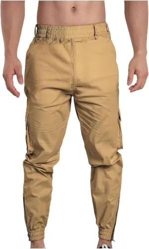 Men Cargo Pants Elastic Waist Cotton Casual Pants Slim Tapered Pants Solid Colour Trousers Sport Pants with Pockets