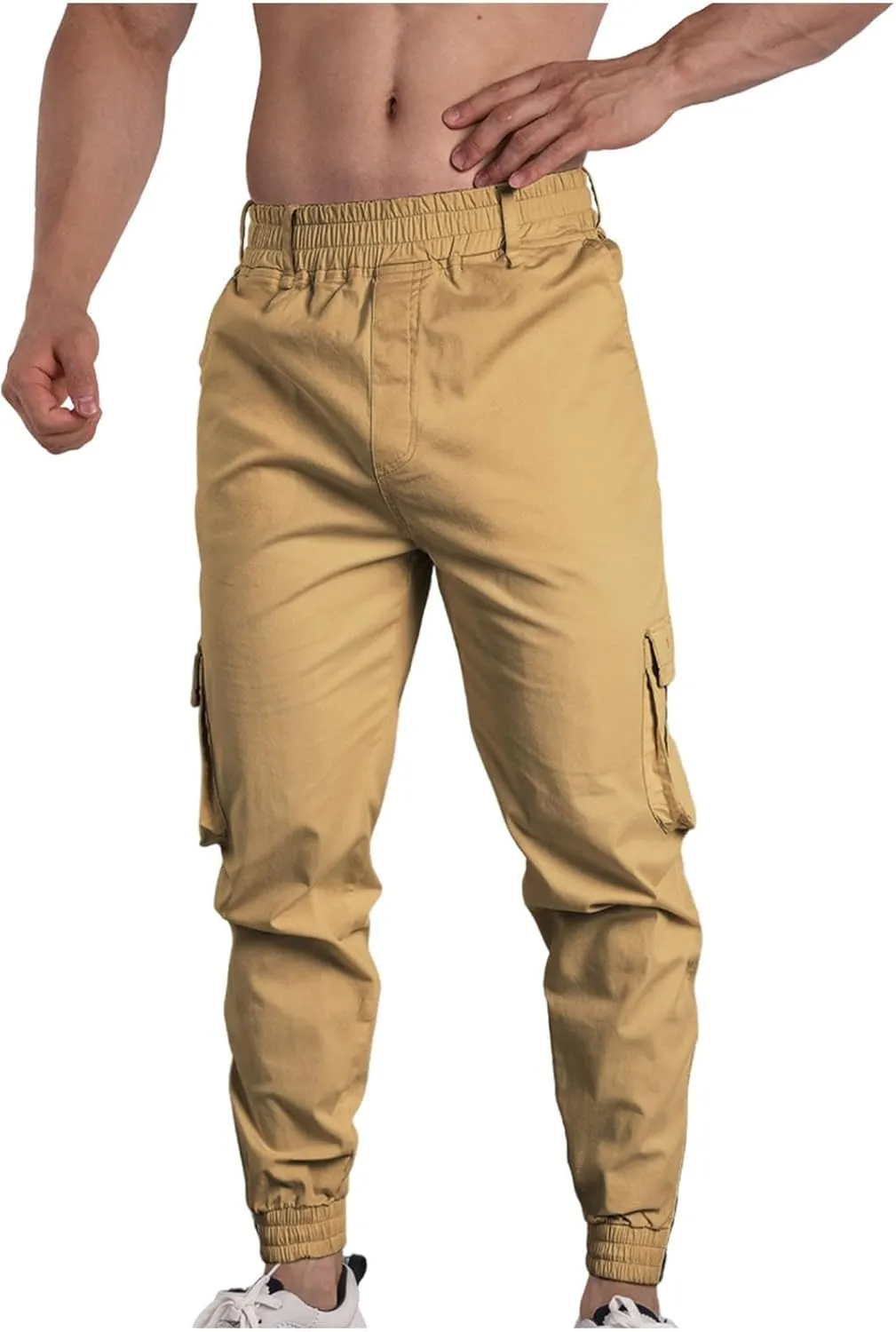 Men Cargo Pants Elastic Waist Cotton Casual Pants Slim Tapered Pants Solid Colour Trousers Sport Pants with Pockets