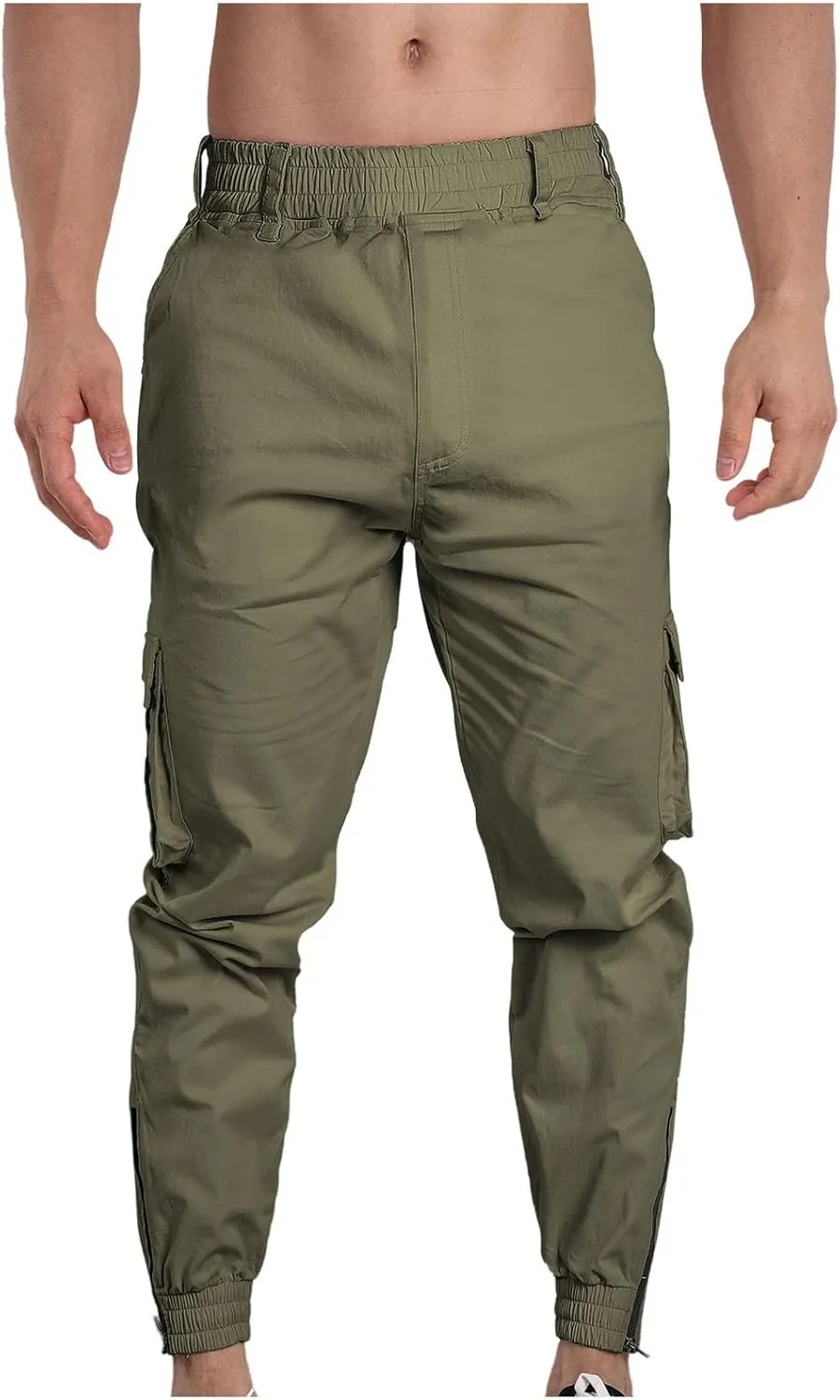 Men Cargo Pants Elastic Waist Cotton Casual Pants Slim Tapered Pants Solid Colour Trousers Sport Pants with Pockets