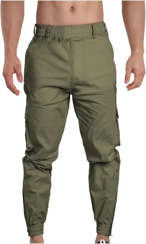 Men Cargo Pants Elastic Waist Cotton Casual Pants Slim Tapered Pants Solid Colour Trousers Sport Pants with Pockets