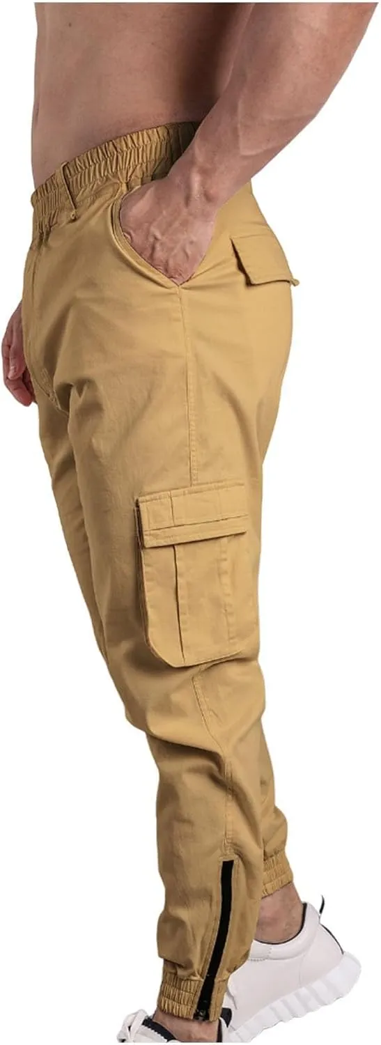 Men Cargo Pants Elastic Waist Cotton Casual Pants Slim Tapered Pants Solid Colour Trousers Sport Pants with Pockets