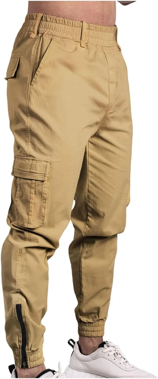 Men Cargo Pants Elastic Waist Cotton Casual Pants Slim Tapered Pants Solid Colour Trousers Sport Pants with Pockets