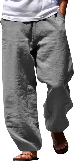Men Hippie Harem Pants Baggy Linen Boho Yoga Casual Drop Crotch Trousers Linen Cotton Summer Beach Pants 3/4 Shorts