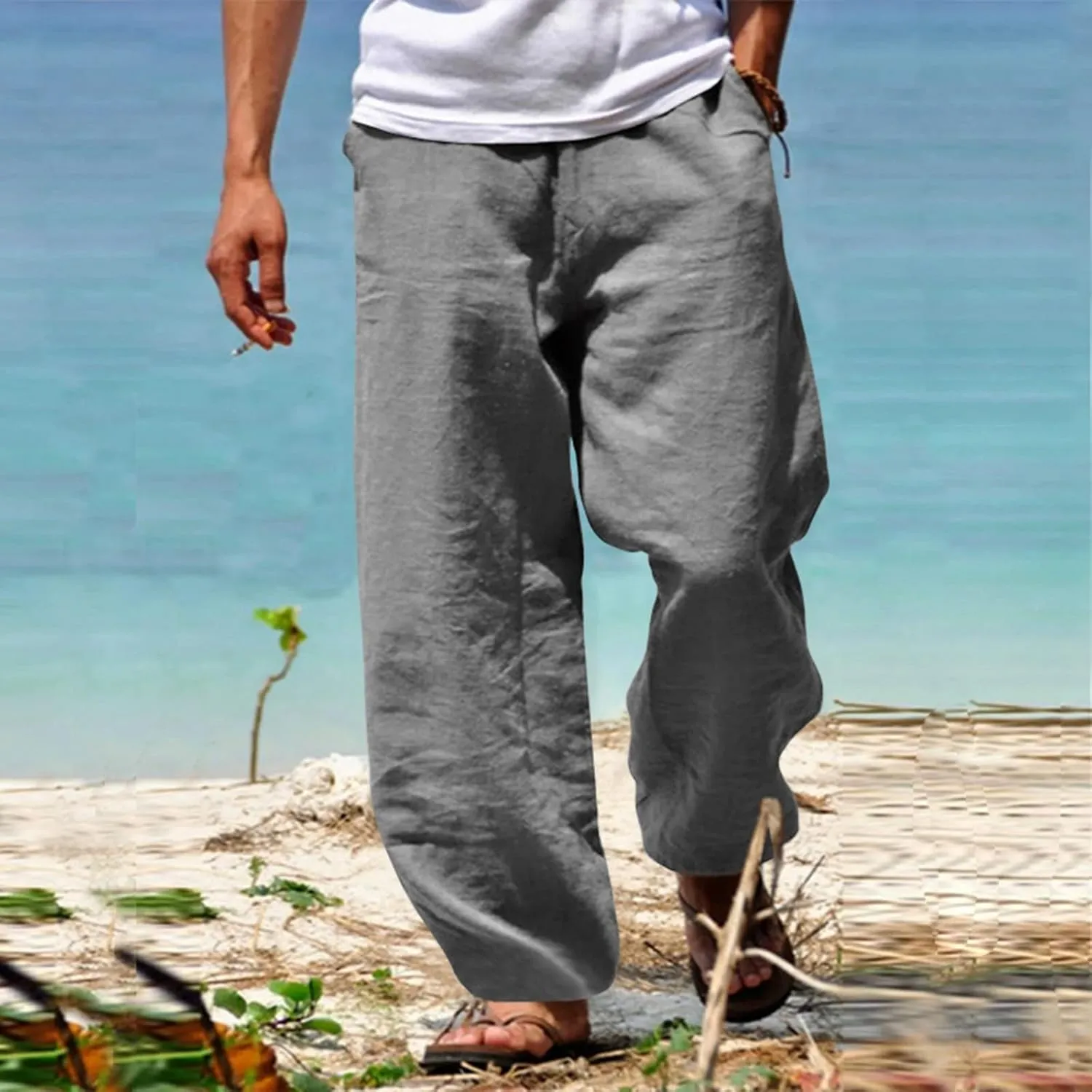 Men Hippie Harem Pants Baggy Linen Boho Yoga Casual Drop Crotch Trousers Linen Cotton Summer Beach Pants 3/4 Shorts