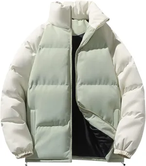 Men's Down Puffer Jacket Winter Warm Coats Color Block Stand Collar Cotton Padded Windproof Outerwear