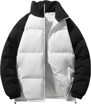 Men's Down Puffer Jacket Winter Warm Coats Color Block Stand Collar Cotton Padded Windproof Outerwear