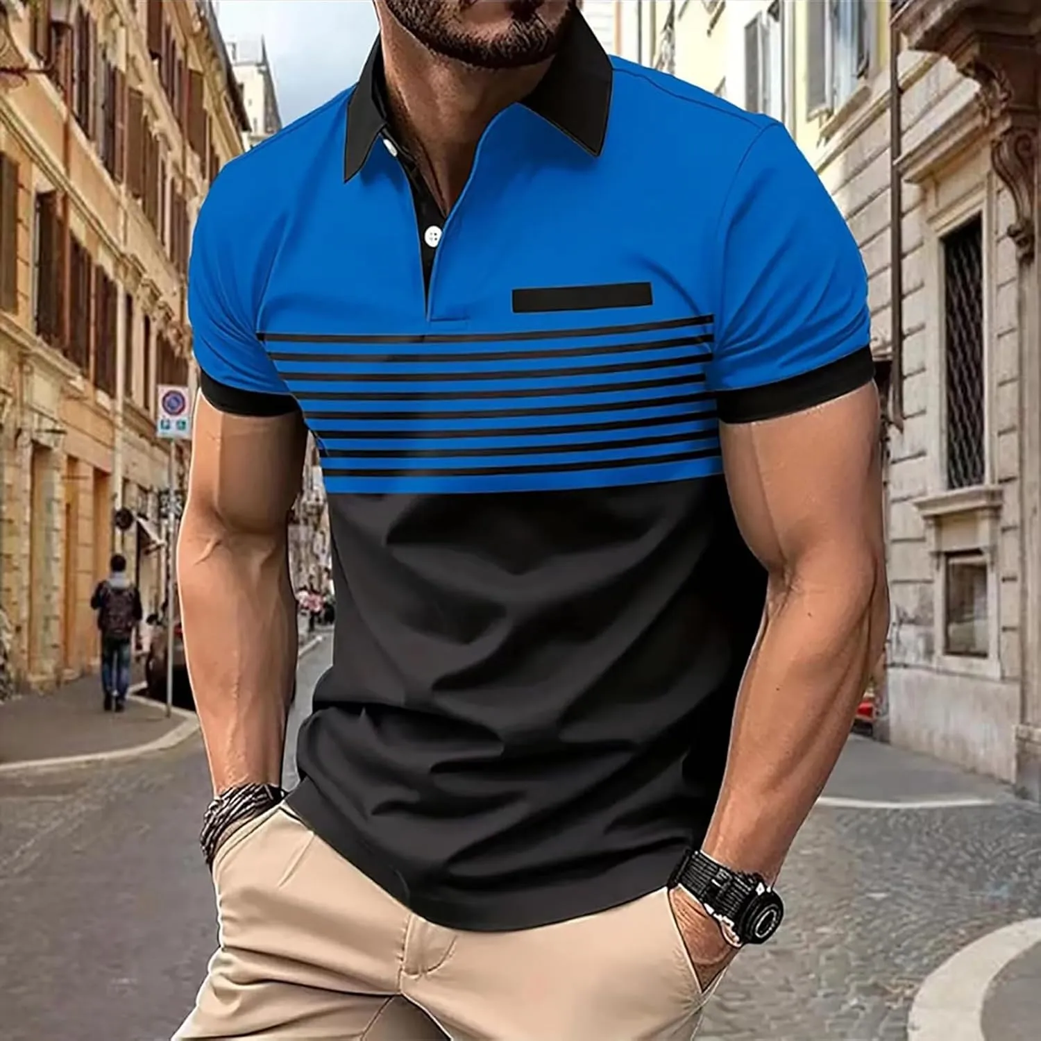 Mens Fashion Color Block Polo Shirts Casual Short Sleeve T Shirt Striped Moisture Wicking Golf Shirts Tops