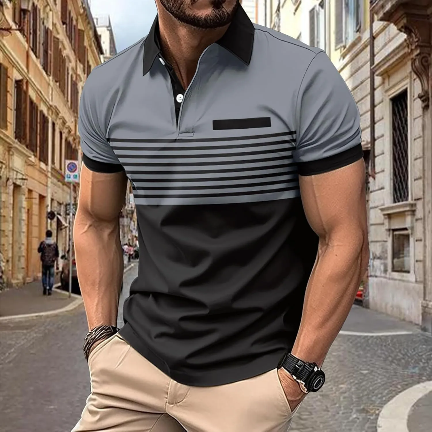 Mens Fashion Color Block Polo Shirts Casual Short Sleeve T Shirt Striped Moisture Wicking Golf Shirts Tops