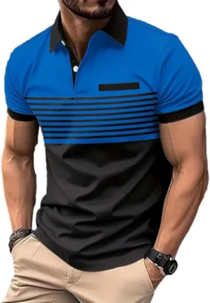 Mens Fashion Color Block Polo Shirts Casual Short Sleeve T Shirt Striped Moisture Wicking Golf Shirts Tops