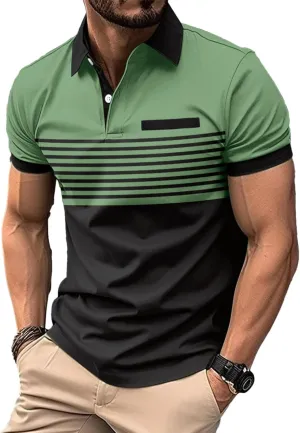 Mens Fashion Color Block Polo Shirts Casual Short Sleeve T Shirt Striped Moisture Wicking Golf Shirts Tops
