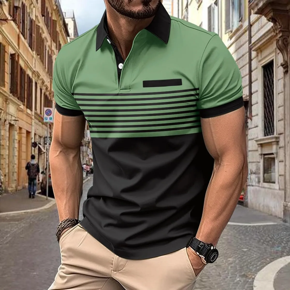 Mens Fashion Color Block Polo Shirts Casual Short Sleeve T Shirt Striped Moisture Wicking Golf Shirts Tops