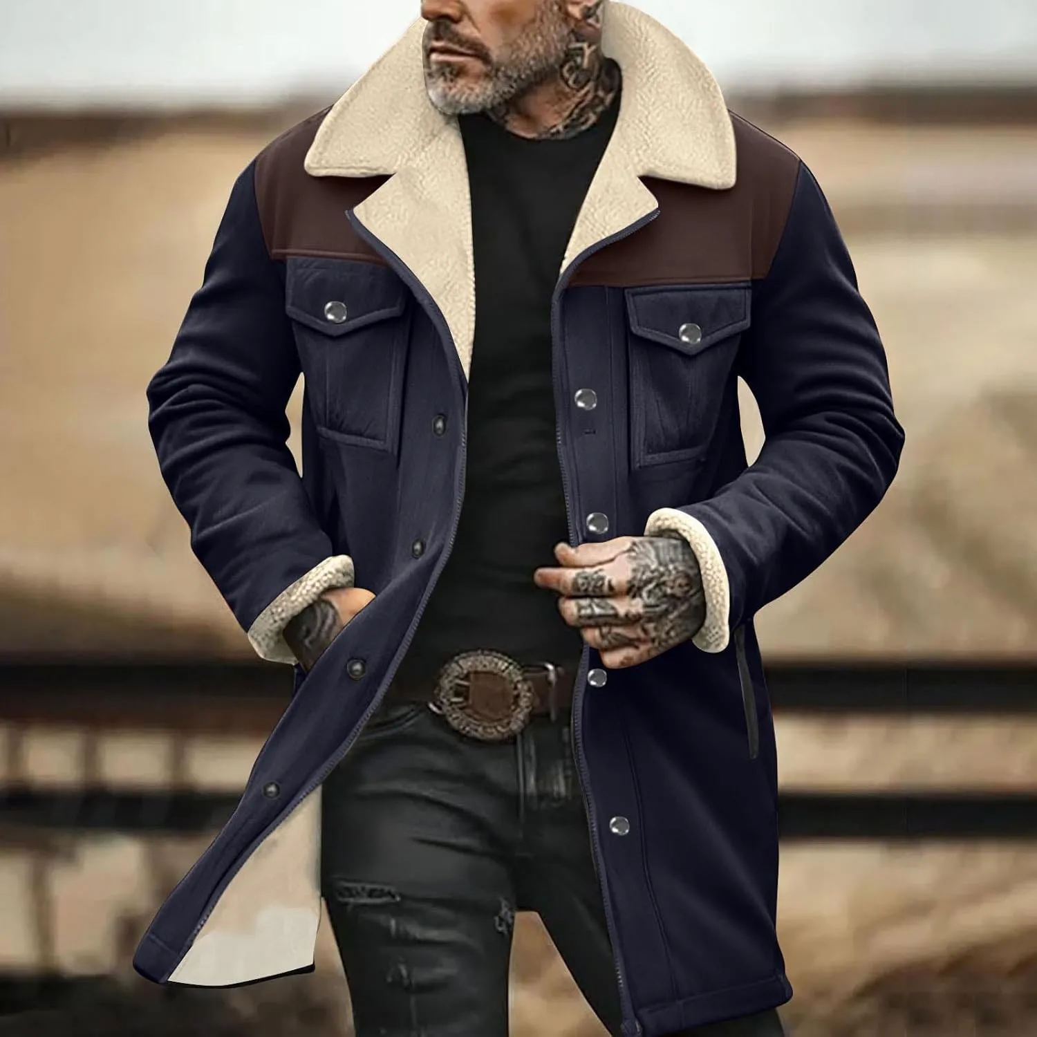 Mens Faux Suede Leather Jackets Sherpa Fleece Lined Trucker Jacket Notch Lapel Button Down Winter Sport Coat