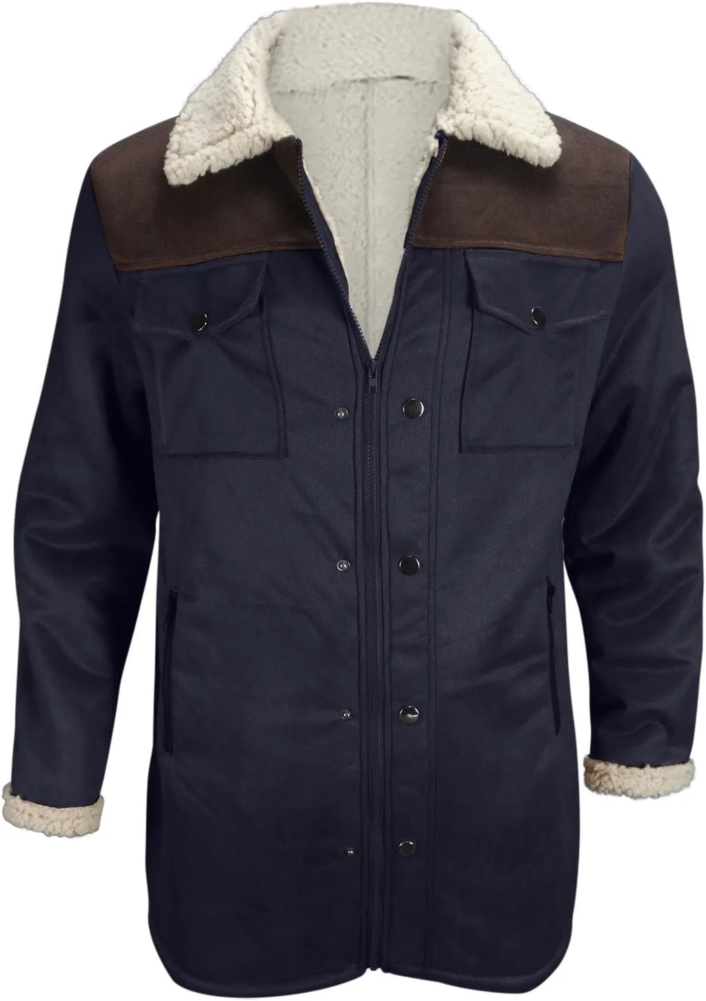 Mens Faux Suede Leather Jackets Sherpa Fleece Lined Trucker Jacket Notch Lapel Button Down Winter Sport Coat