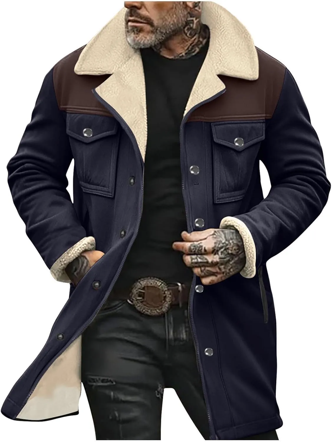 Mens Faux Suede Leather Jackets Sherpa Fleece Lined Trucker Jacket Notch Lapel Button Down Winter Sport Coat