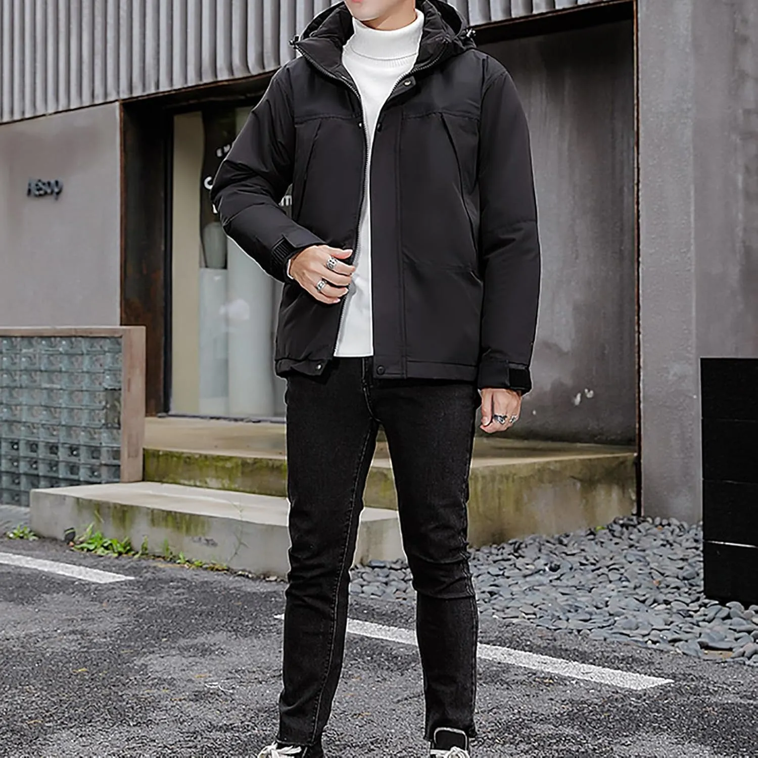 Mens Hooded Outdoor Jacket High Collar Two Color Splicin Cotton Padded Coat Detachable Hat Long Sleeve Jacket