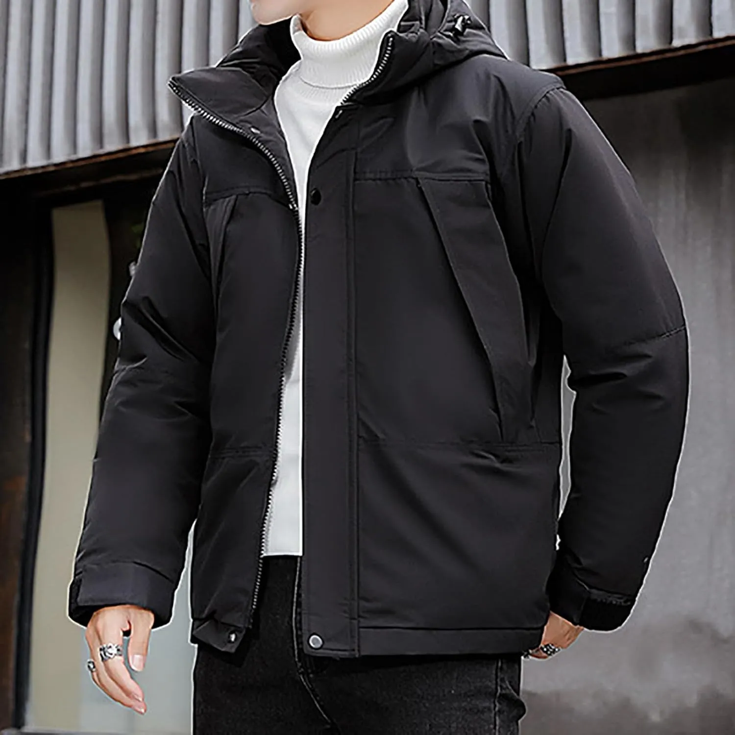 Mens Hooded Outdoor Jacket High Collar Two Color Splicin Cotton Padded Coat Detachable Hat Long Sleeve Jacket