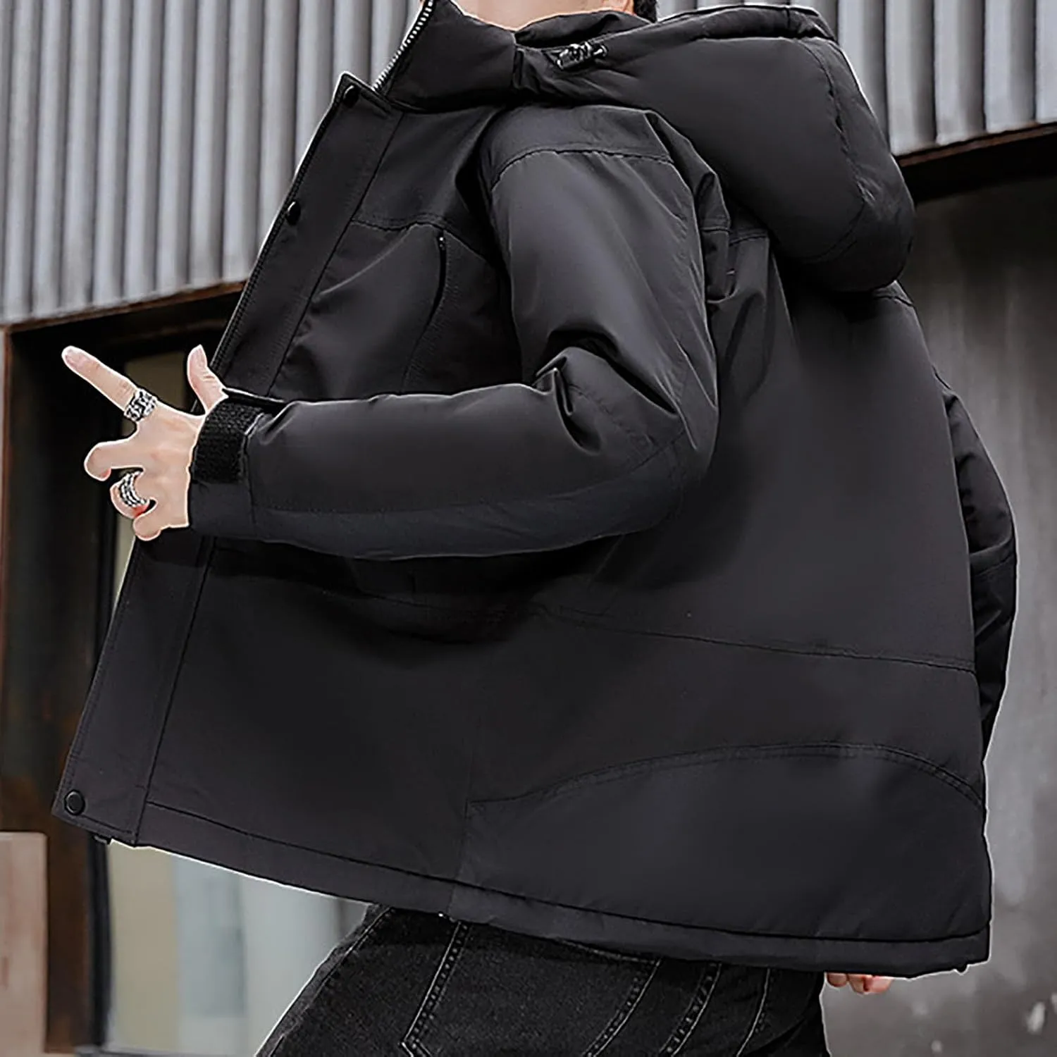 Mens Hooded Outdoor Jacket High Collar Two Color Splicin Cotton Padded Coat Detachable Hat Long Sleeve Jacket