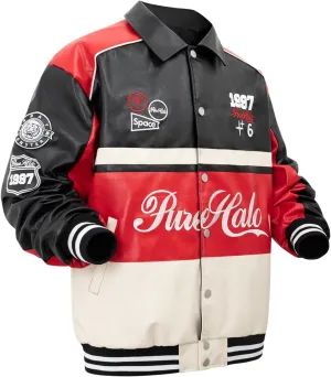 Mens Leather Varsity Jackets Vintage Graphic Racing Motorcycle Bomber Jackets Loose Streetwear Coats Fall&winter