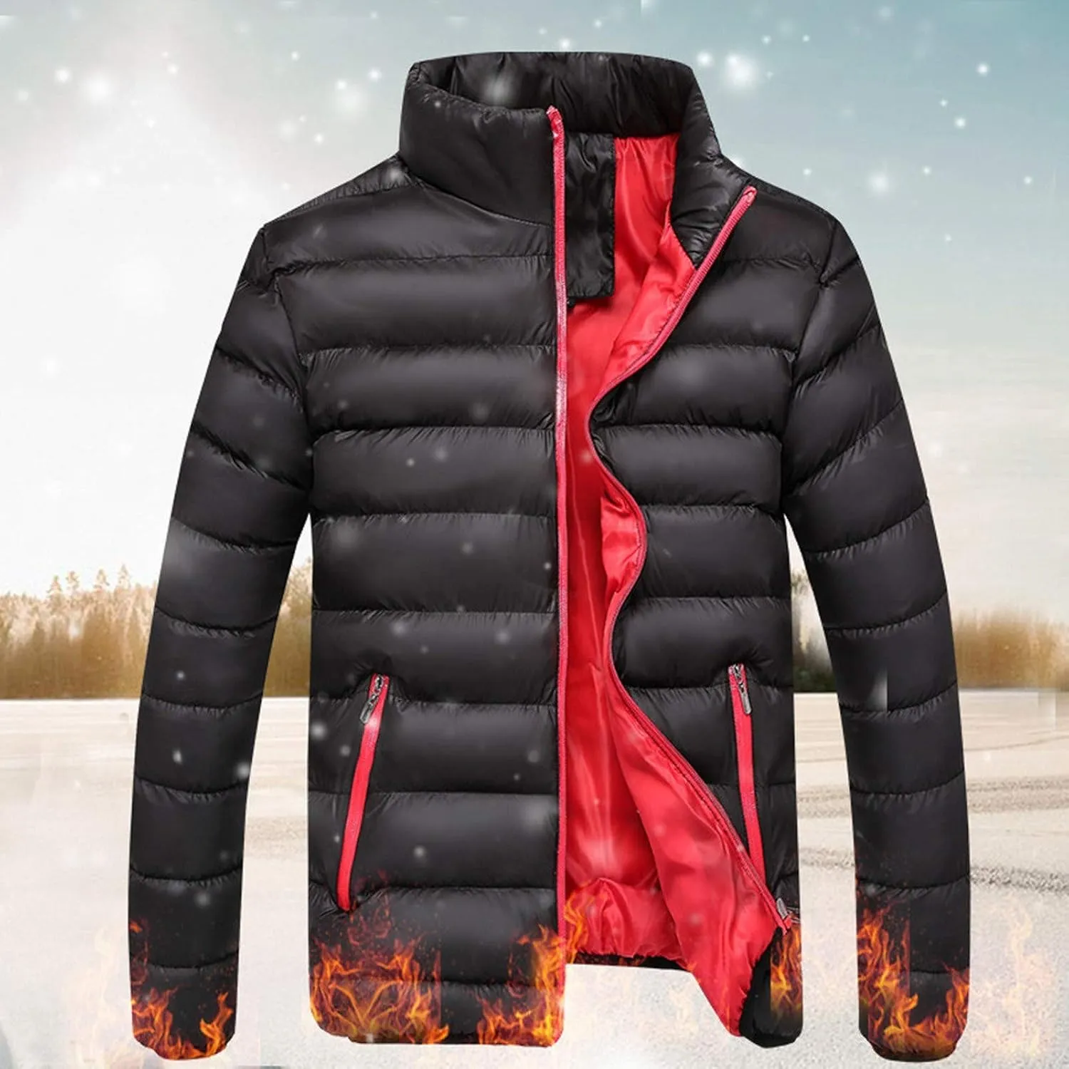 Mens Quilted Puffer Down Jackets Winter Packable Jacket Cotton Padded Full Zip Thick Coats Casual Warm Tops