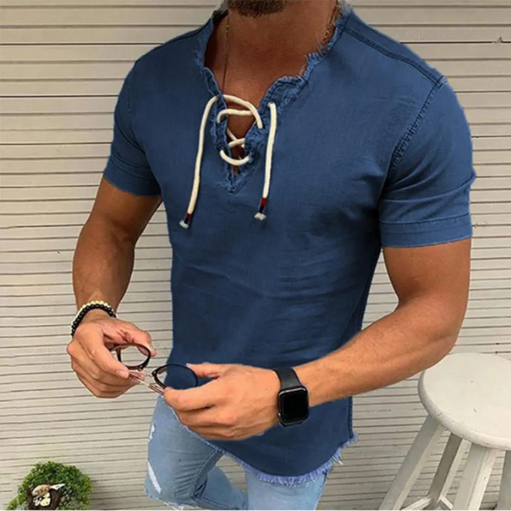Mens Short Sleeve Shirt - Lace-Up V-Neck - Frayed Hem - Casual Denim Look