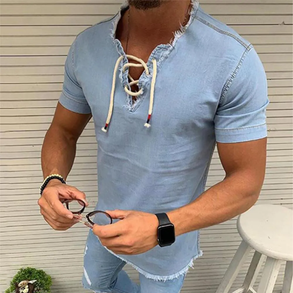Mens Short Sleeve Shirt - Lace-Up V-Neck - Frayed Hem - Casual Denim Look