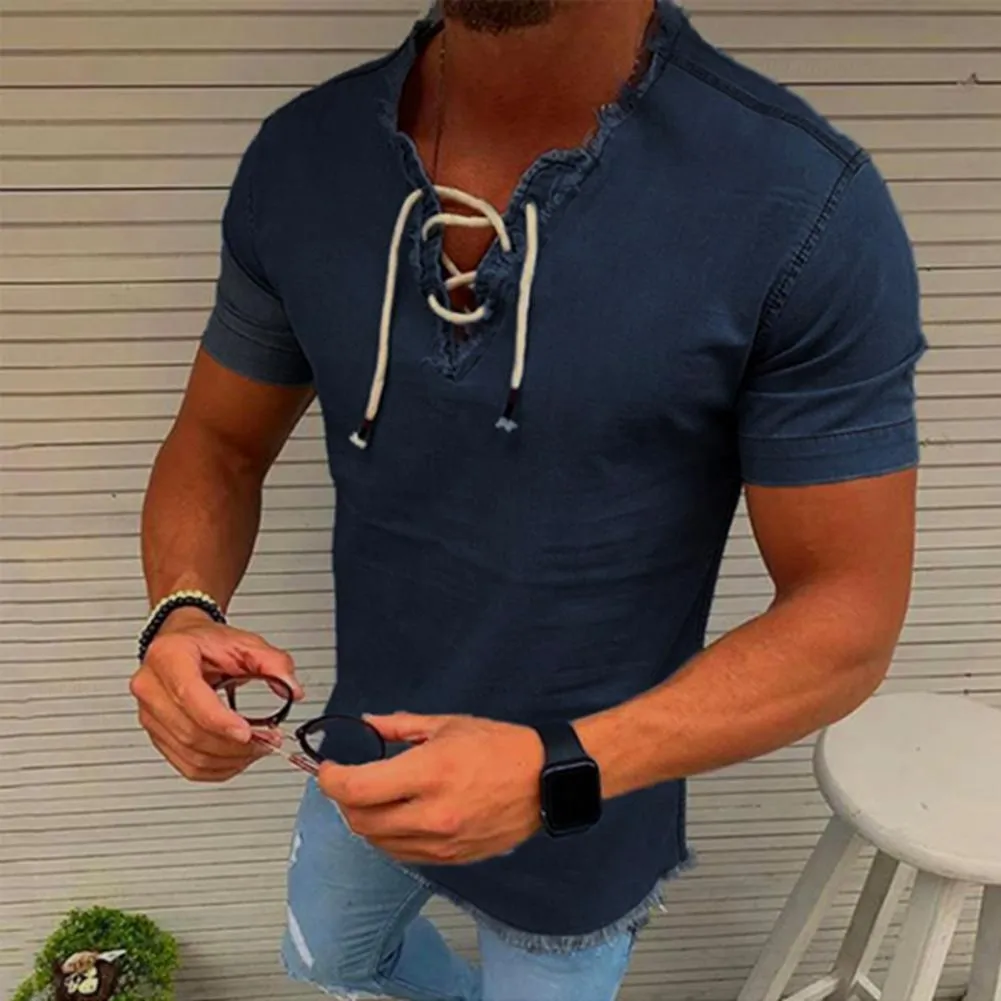 Mens Short Sleeve Shirt - Lace-Up V-Neck - Frayed Hem - Casual Denim Look