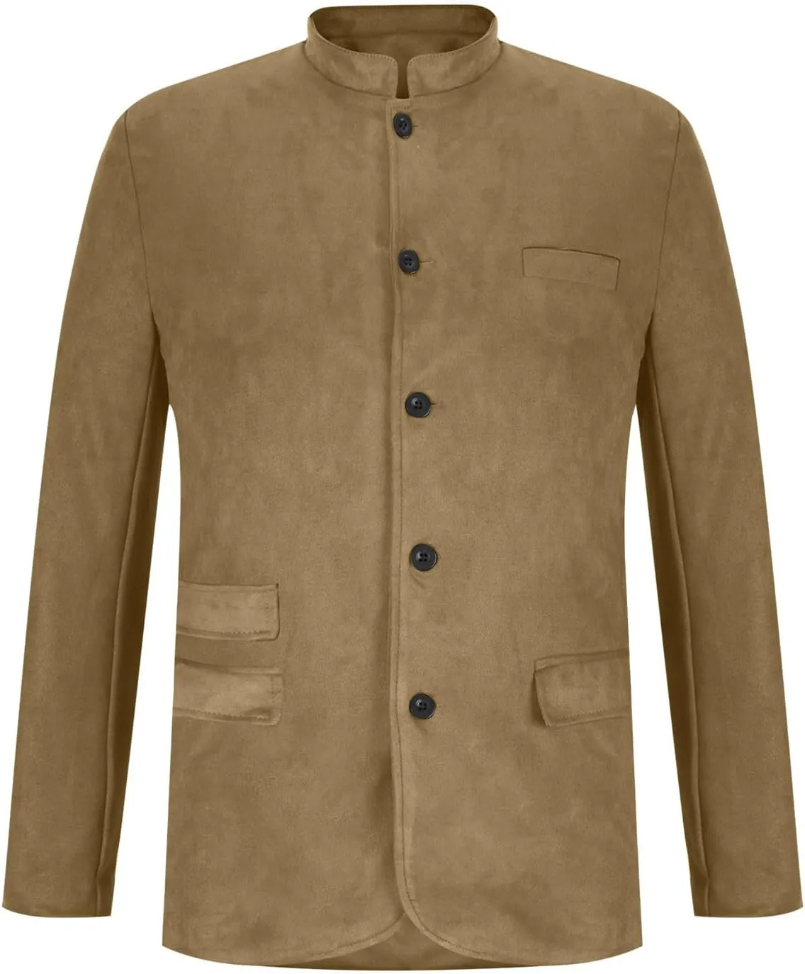 Men's Suede Blazer Jacket Single Breasted Collarless Sport Coats Slim Fit Long Sleeve Casual Suit Jackets